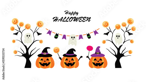 Illustration of halloween scene with pumpkins ghosts bats trees and a banner with happy halloween text