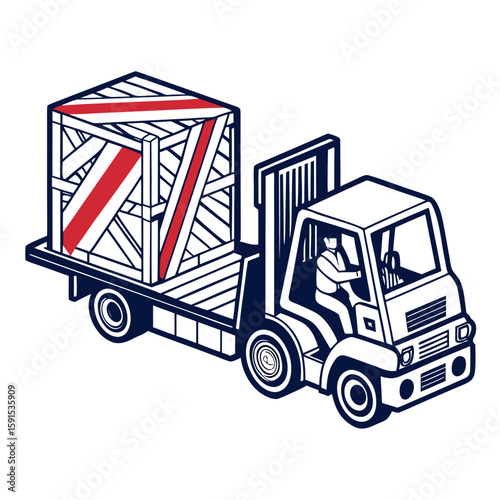 Blue delivery truck carrying red striped crate forklift