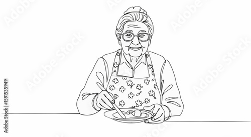 Elderly woman enjoying a meal, gracefully seated at a table. 