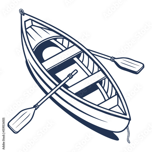 Dark blue rowboat with oars and rope nautical watercraft