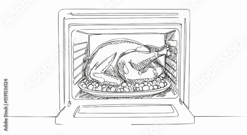 A detailed illustration of a Thanksgiving turkey roasting inside an oven.