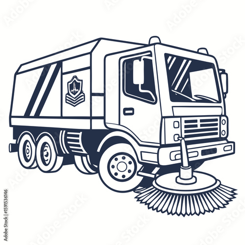 Dark blue street sweeper truck with rotating brush cleaning municipal vehicle