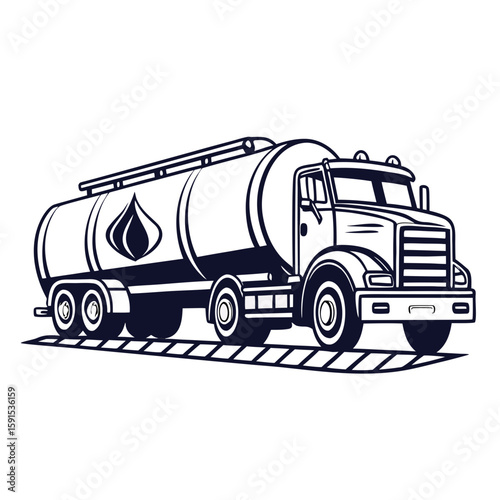 Dark blue tanker truck with flame symbol fuel transport industrial vehicle