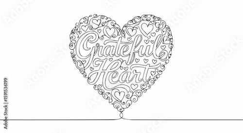 A detailed line art of a heart shape with the words Grateful Heart.