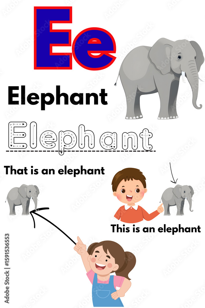 Naklejka premium Learning with Elephants An Educational Page Featuring the Letter E and Adorable Elephant Illustrations to Engage Young Learners