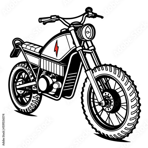Electric motorcycle with rugged tires and lightning bolt emblem off road vintage style
