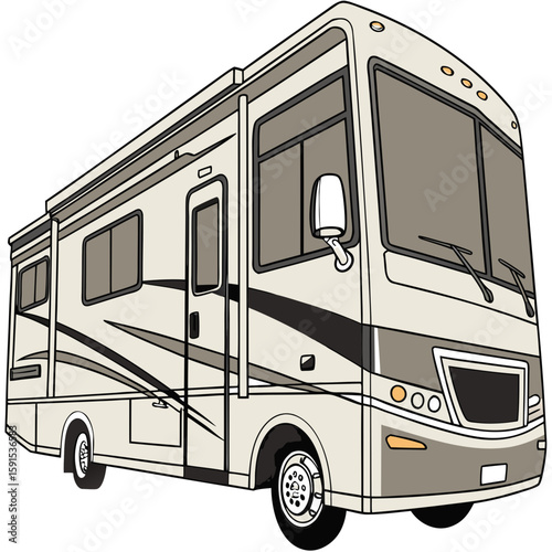 Beige motorhome with large windows and dark accents