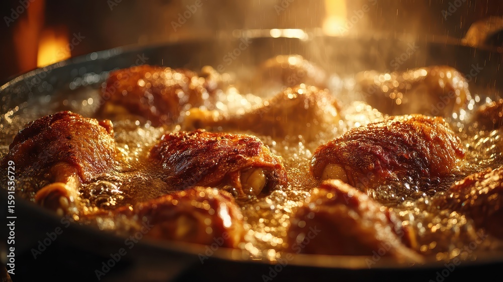 Fototapeta premium Sizzling Chicken Thighs in Skillet