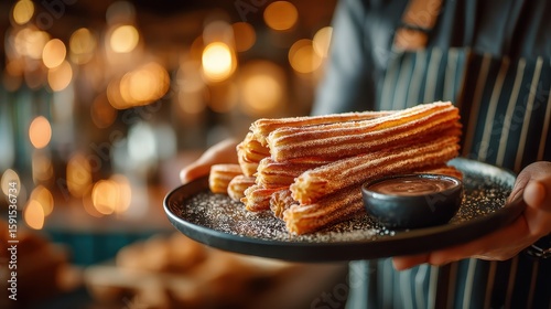 Serving Fresh Churros with Chocolate Sauce