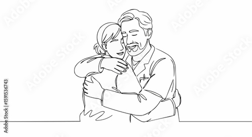 A tender embrace between a couple in a line art drawing