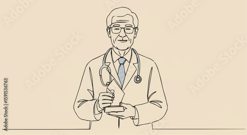 Illustration of an elderly doctor holding a medical document.