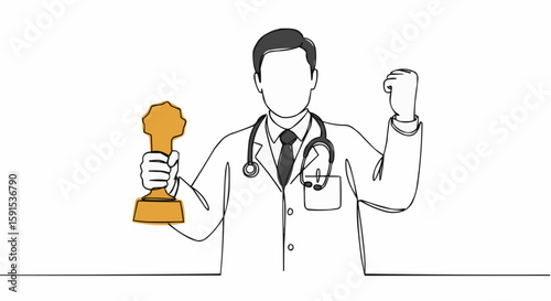A doctor celebrating a success while holding a trophy.