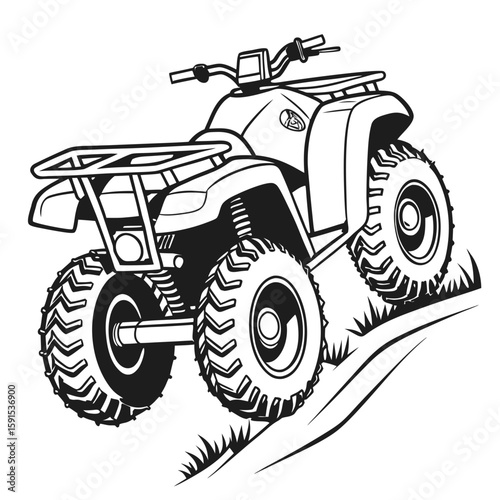 Black and white quad bike on grassy slope all terrain vehicle