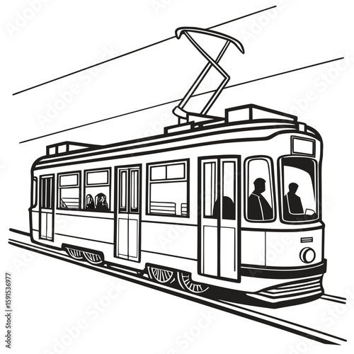 Black and white tram with passengers public transport