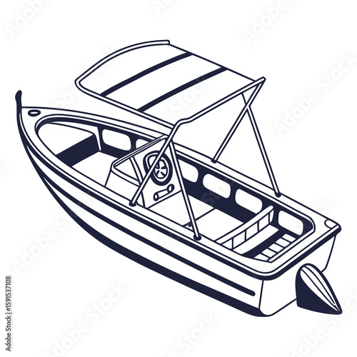 Dark blue boat with canopy and steering wheel watercraft