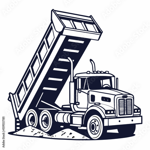 Dark blue dump truck with tilted bed construction vehicle