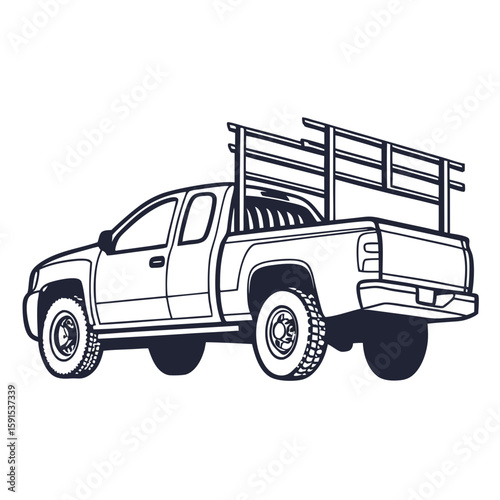 Dark blue pickup truck with metal rack flatbed vehicle