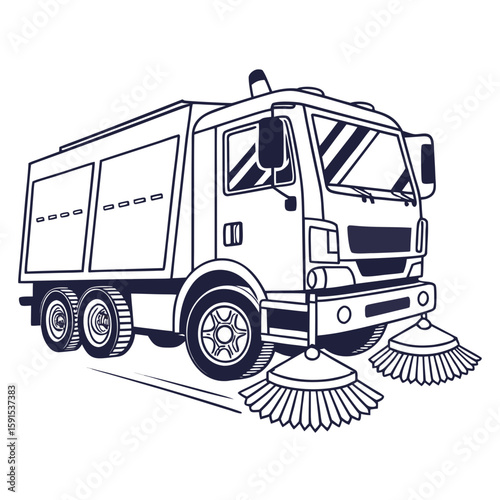 Dark blue road sweeper truck cleaning municipal