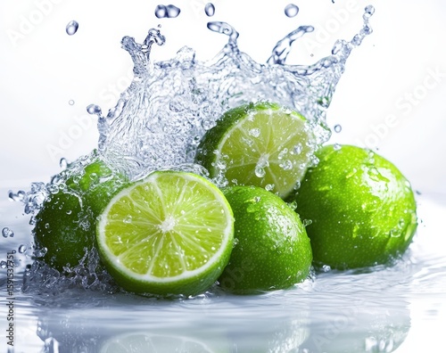 Fresh Green Limes Splashing in Water with Dynamic Motion and Droplets Creating a Refreshing and Vibrant Scene