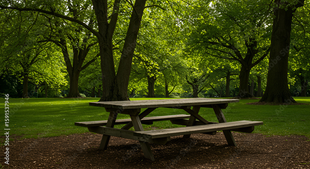 Wooden picnic table in a lush green park, perfect for outdoor meals Wooden picnic table in a lush green park, perfect for outdoor meals