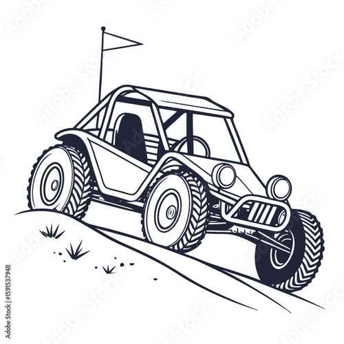 Dune buggy driving up sandy hill off road vehicle
