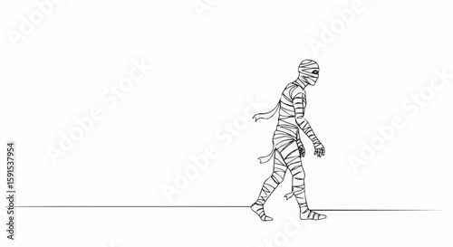A simple, yet eerie illustration of a mummy. The image depicts a wrapped figure walking with a blank expression.