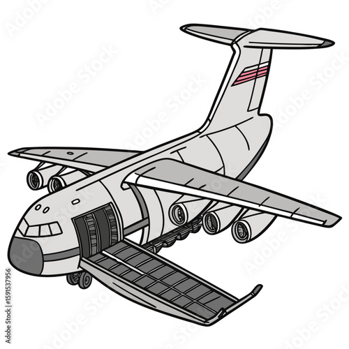 Gray cargo plane with open ramp and engines aircraft transport