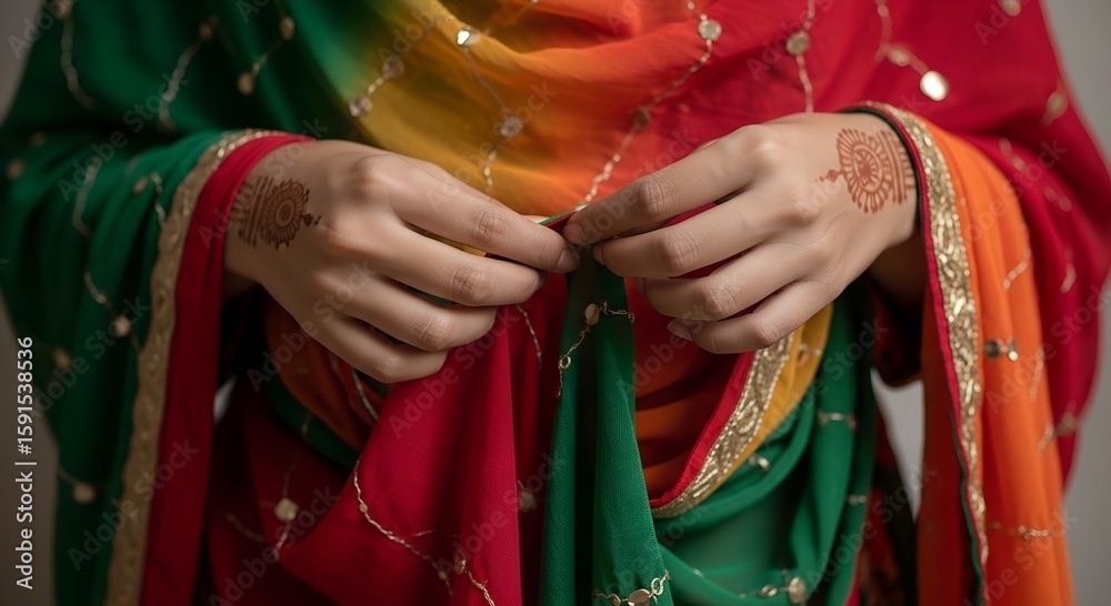 Fototapeta premium Woman adjusting colorful traditional attire with henna designs, symbolizing India independence day 