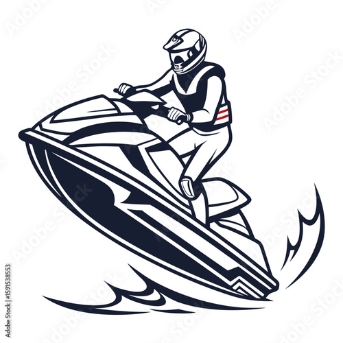 Dark blue jet ski rider on white watercraft racing