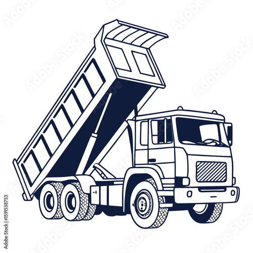 Heavy duty truck with tilted cargo bed unloading materials dump truck construction vehicle