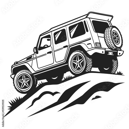 Luxury off road vehicle climbing rocky terrain vector