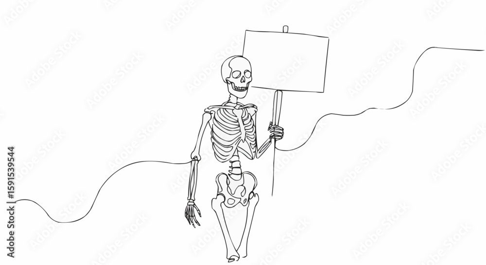 Fototapeta premium A skeleton holding a blank sign, walking up winding stairs.