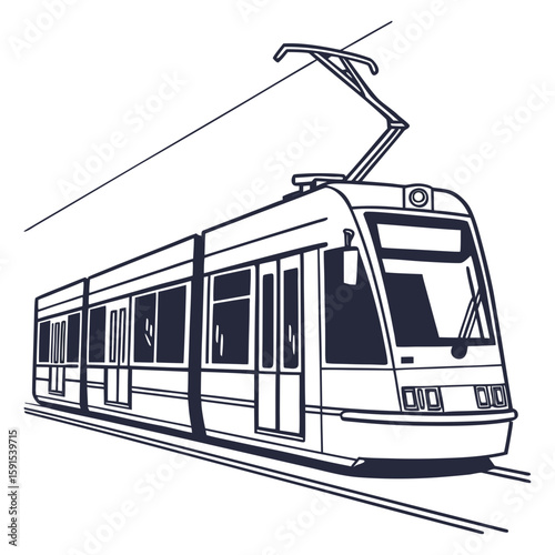 Modern city tram on rails with overhead power line public transport urban