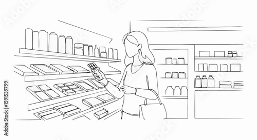 A woman attentively selecting items at a store shelf, carefully studying the product packaging.