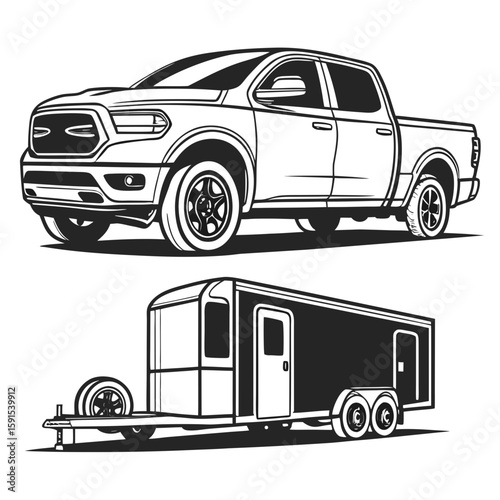 Modern pickup truck towing enclosed trailer vehicle transportation