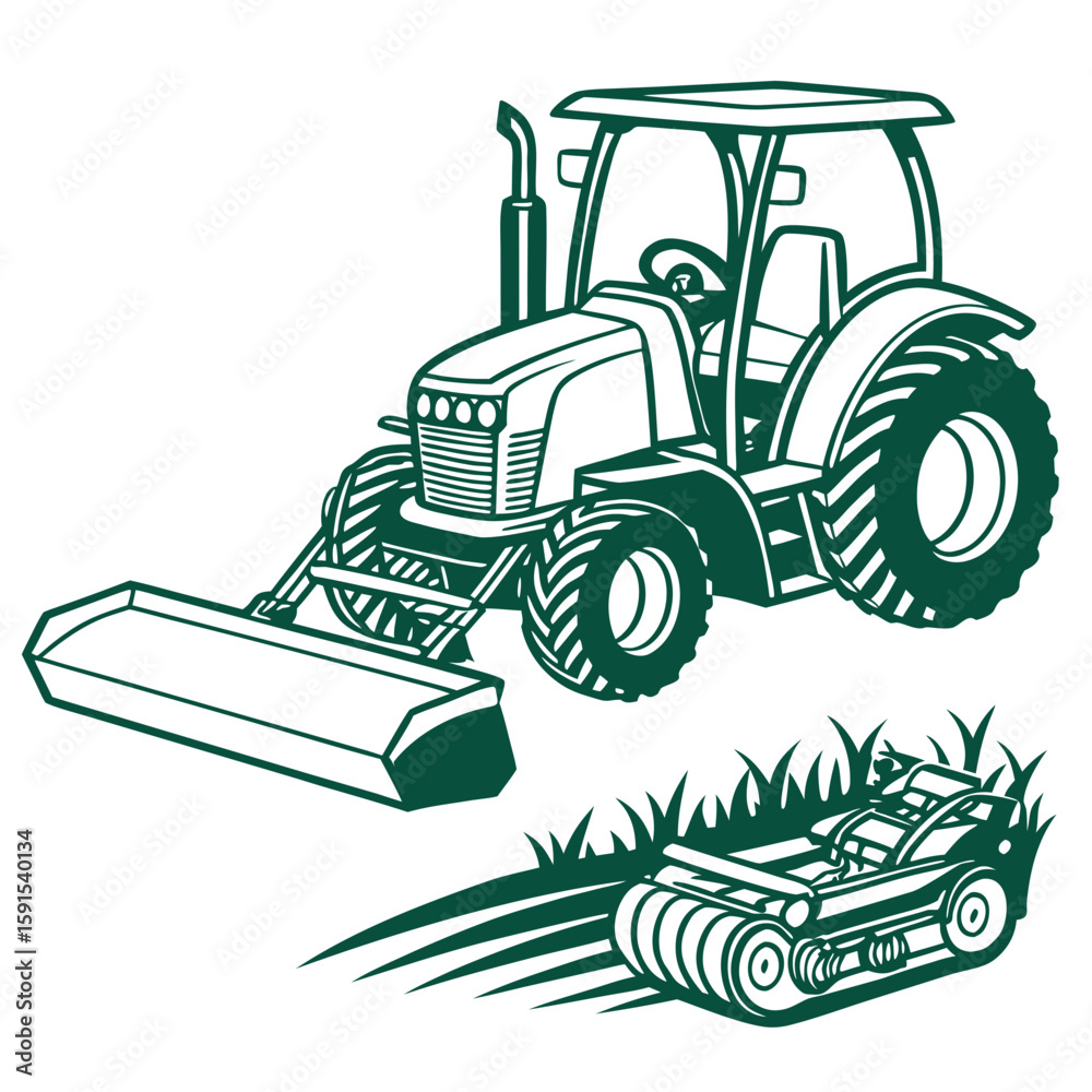 Naklejka premium Green tractor mowing grass mower agriculture