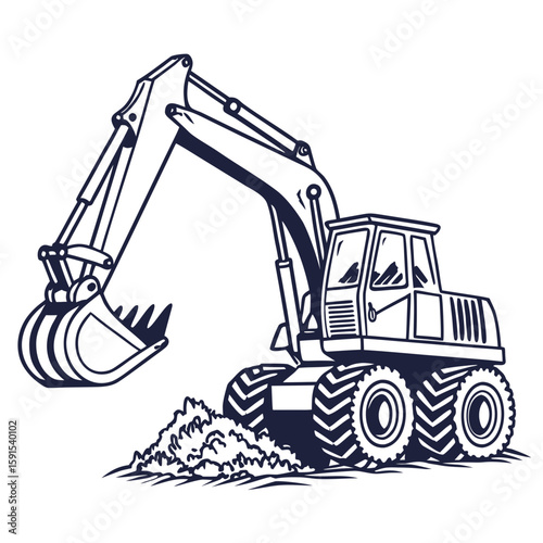 Excavator digging dirt pile construction heavy equipment