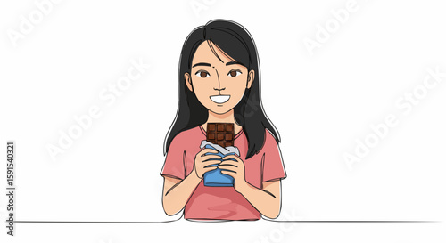 A woman holding a chocolate bar with a joyful expression. 