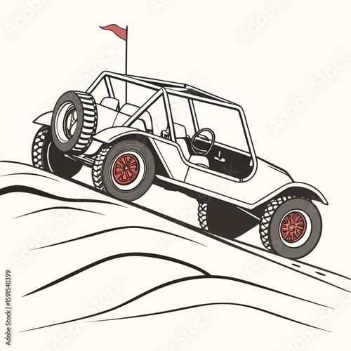 Off road buggy climbing sandy dune with red flag dune buggy vehicle
