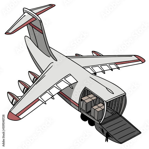 Gray cargo plane with open hatch and boxes aircraft