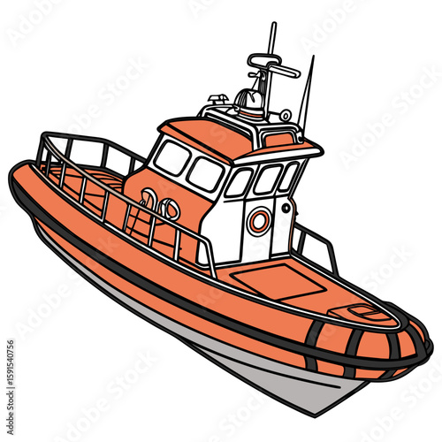 Orange and white rescue boat with radar marine watercraft