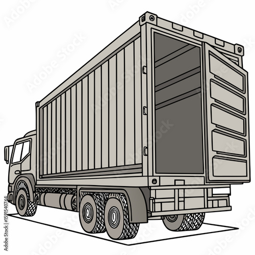 Gray cargo truck with open container open doors transportation