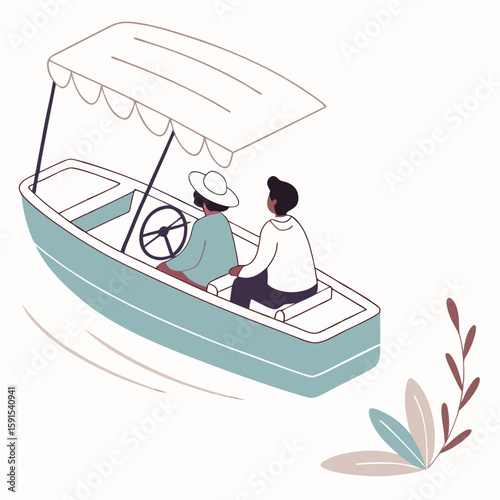 People riding in a teal boat with a canopy watercraft travel