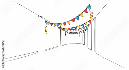 Party decorations hanging in hallway with flags and serpentine.