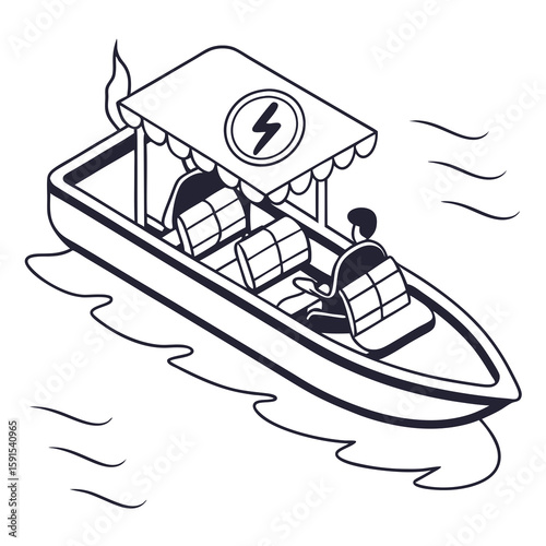 Person riding electric boat with canopy and lightning symbol pedal boat watercraft