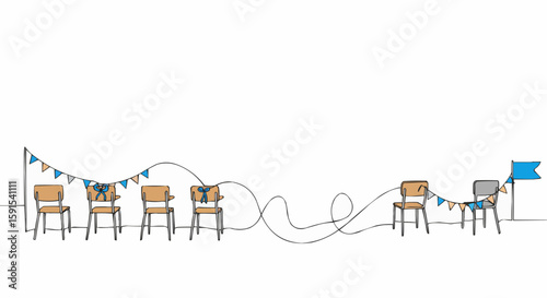 Line art of classroom chairs, adorned with garland, set for an event.