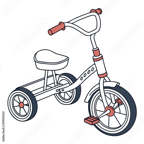 Red and blue tricycle with white frame three wheeled vehicle children's toy