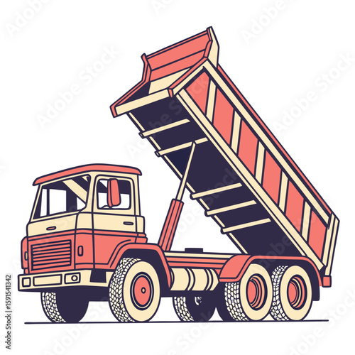 Red and cream dump truck with raised bed construction vehicle heavy equipment