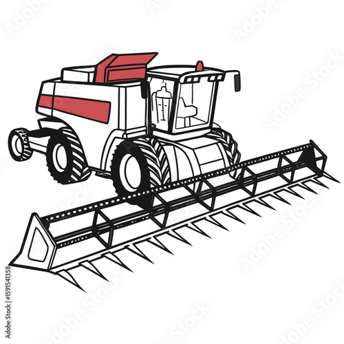 Red and white combine harvester with cutting bar agricultural machinery harvesting