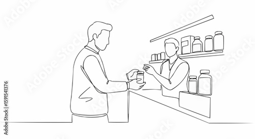 A line drawing depicts the process of buying medicine at the pharmacy.